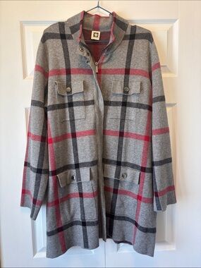 Anne Klein Grey Sweater Jacket with Red Plaid Accents